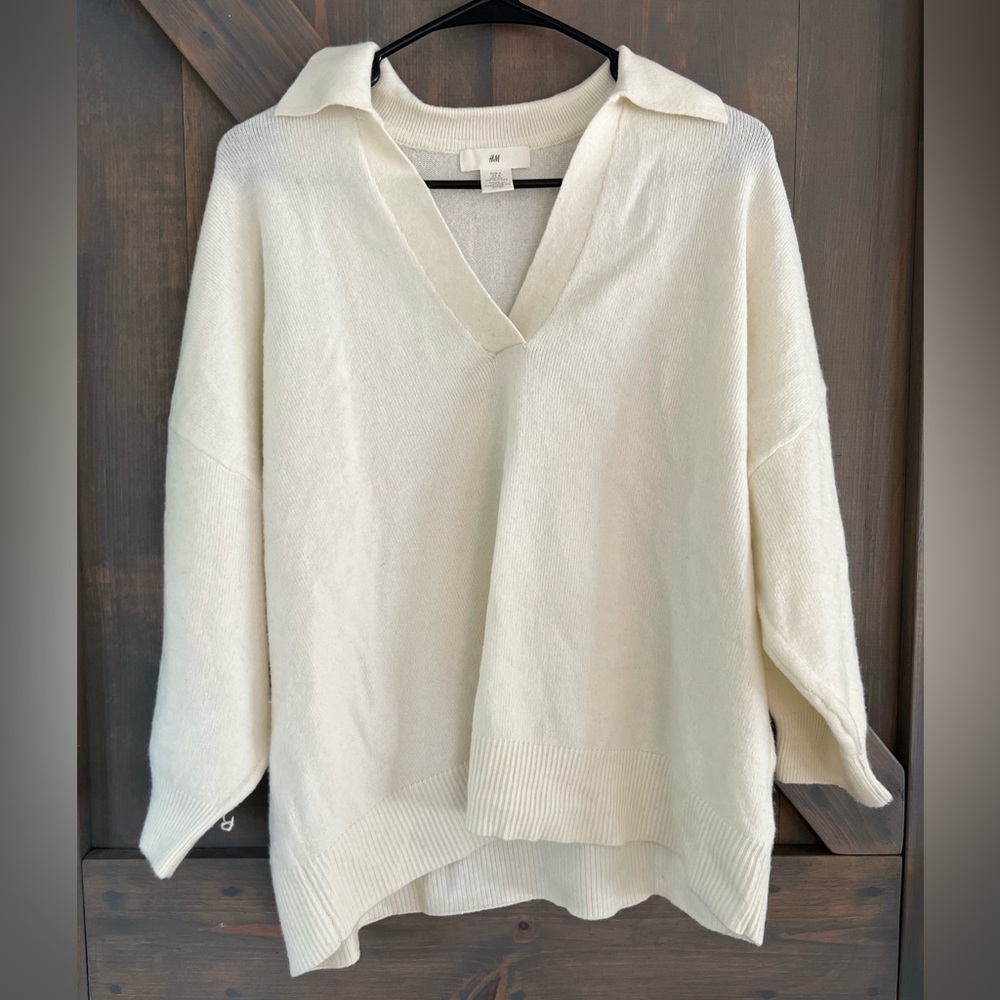 Cream Short Sleeve Collared Sweater